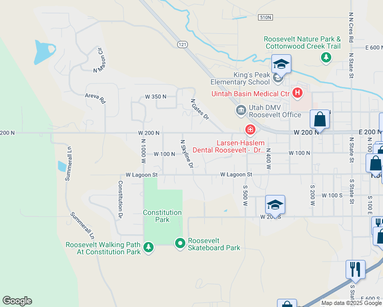 map of restaurants, bars, coffee shops, grocery stores, and more near 90 North Skyline Drive in Roosevelt