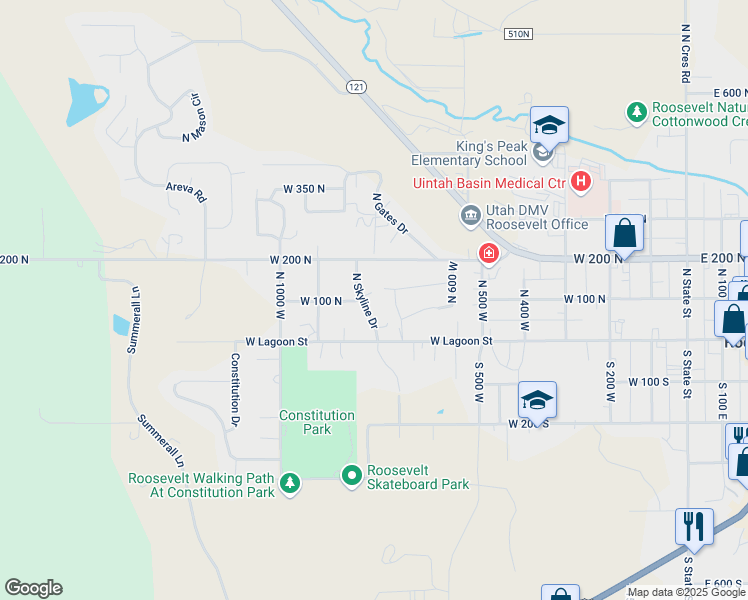 map of restaurants, bars, coffee shops, grocery stores, and more near 90 North Skyline Drive in Roosevelt