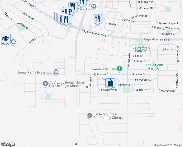 map of restaurants, bars, coffee shops, grocery stores, and more near 3688 Bountiful Lane in Eagle Mountain