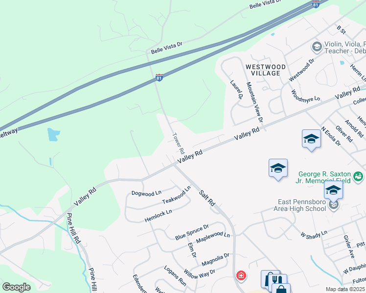 map of restaurants, bars, coffee shops, grocery stores, and more near 604 Tower Road in Enola