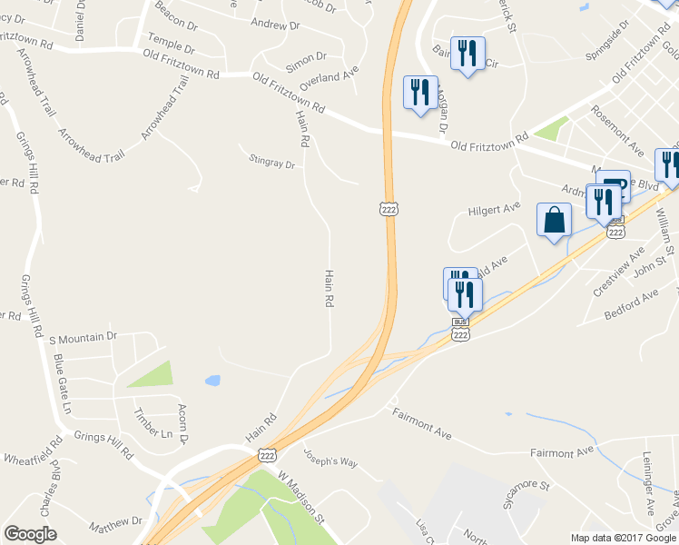 map of restaurants, bars, coffee shops, grocery stores, and more near 455 Hain Road in Sinking Spring