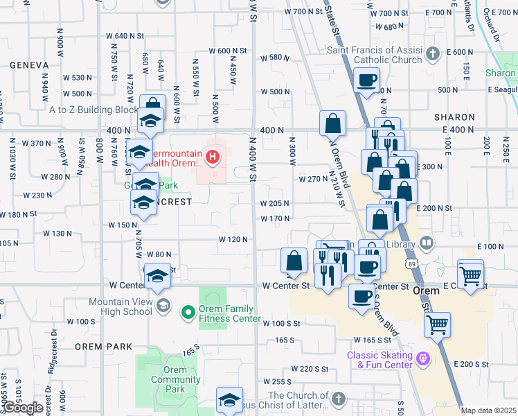 map of restaurants, bars, coffee shops, grocery stores, and more near 180 North 400 West in Orem