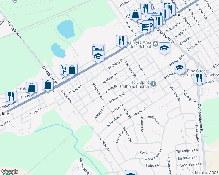 map of restaurants, bars, coffee shops, grocery stores, and more near 700 West Oak Street in Palmyra