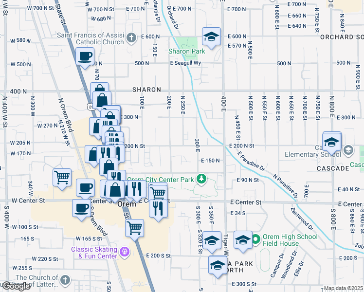 map of restaurants, bars, coffee shops, grocery stores, and more near 217 200 East in Orem