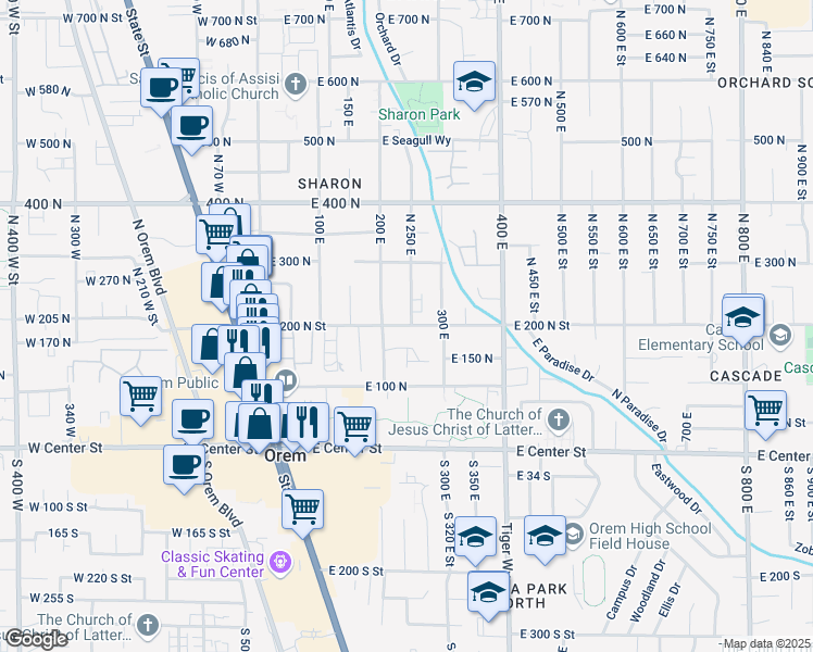 map of restaurants, bars, coffee shops, grocery stores, and more near 217 200 East in Orem