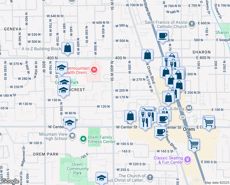 map of restaurants, bars, coffee shops, grocery stores, and more near 180 North 400 West in Orem