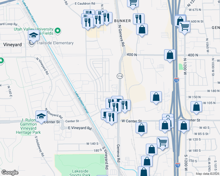 map of restaurants, bars, coffee shops, grocery stores, and more near 775 East 180 North in Vineyard
