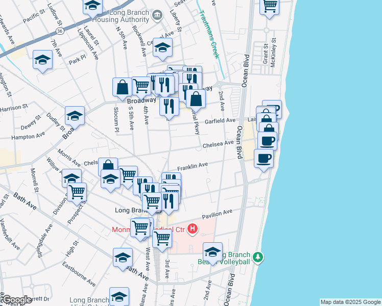 map of restaurants, bars, coffee shops, grocery stores, and more near 176 Chelsea Avenue in Long Branch