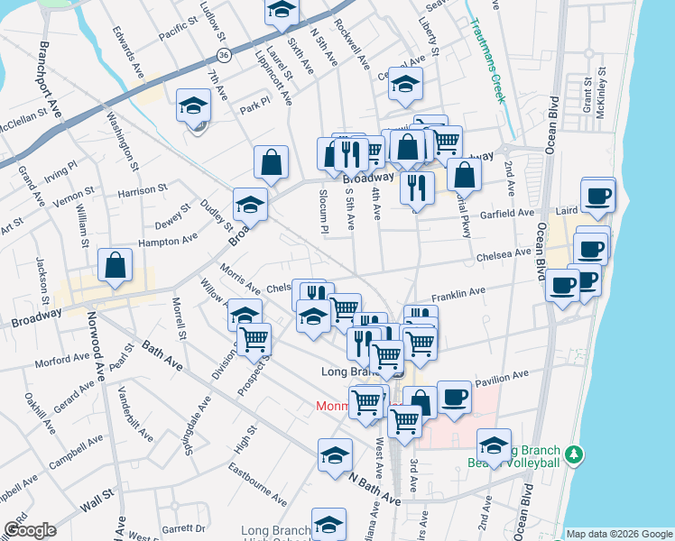 map of restaurants, bars, coffee shops, grocery stores, and more near 272 Chelsea Avenue in Long Branch