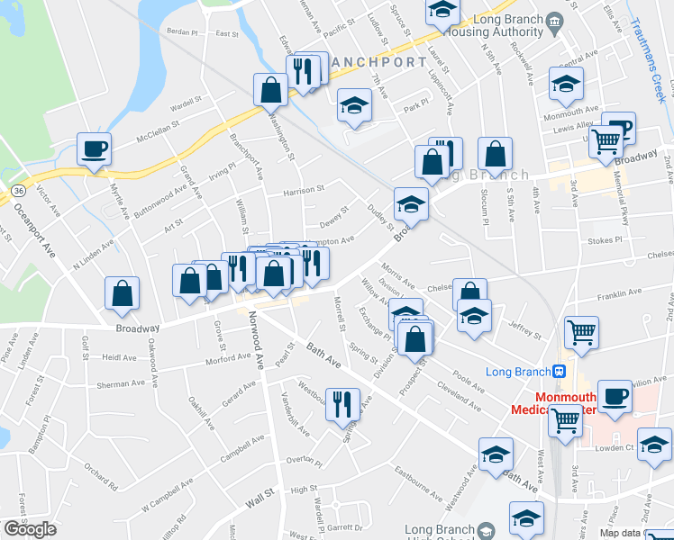 map of restaurants, bars, coffee shops, grocery stores, and more near 517 Broadway in Long Branch