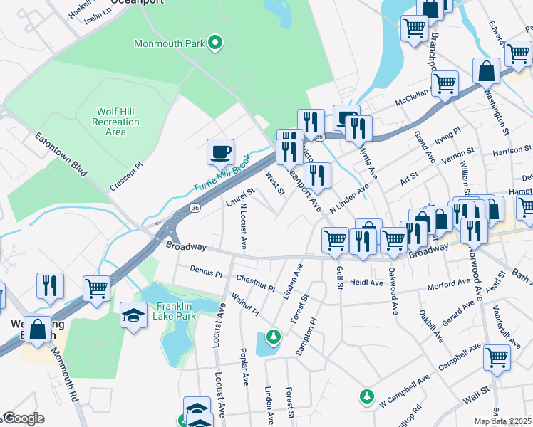 map of restaurants, bars, coffee shops, grocery stores, and more near 26 North Locust Avenue in West Long Branch