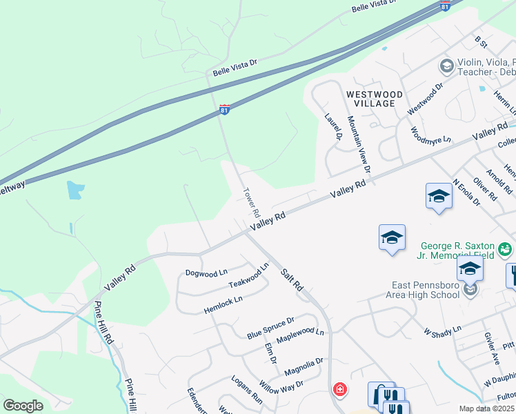map of restaurants, bars, coffee shops, grocery stores, and more near 604 Tower Road in Enola