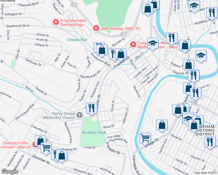 map of restaurants, bars, coffee shops, grocery stores, and more near 1258 Good Street in Johnstown