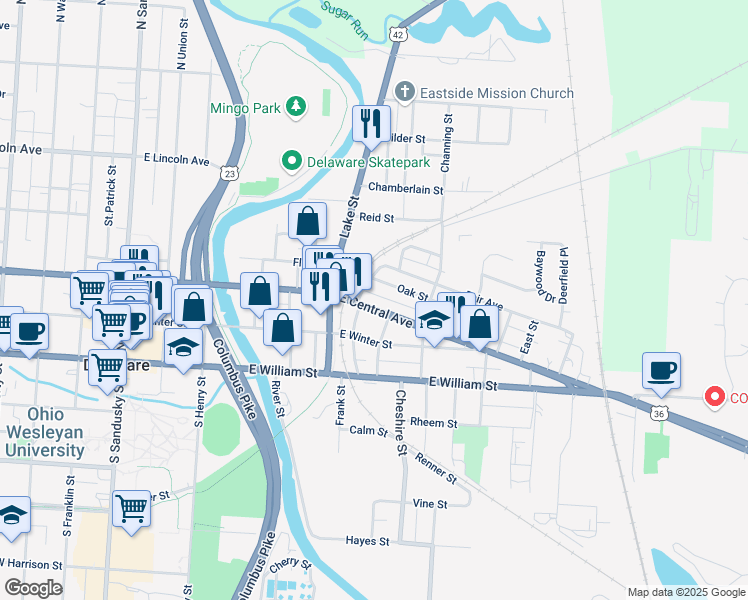 map of restaurants, bars, coffee shops, grocery stores, and more near 219 East Central Avenue in Delaware
