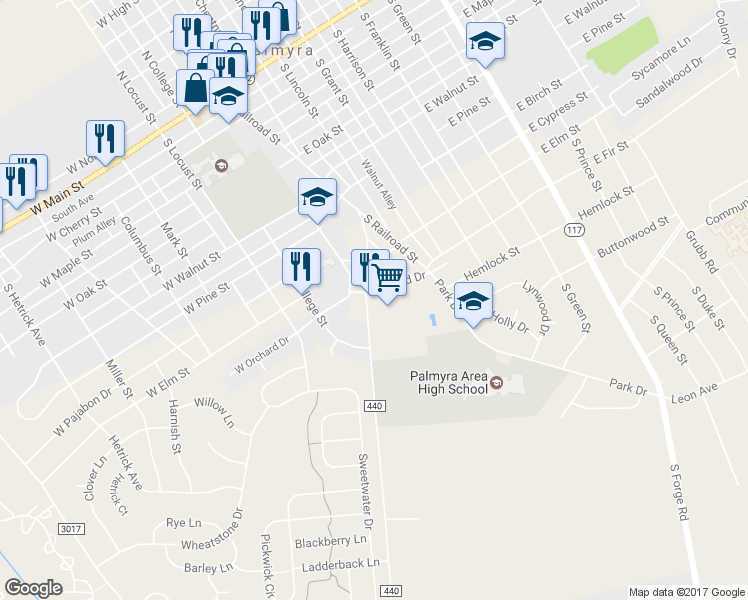 map of restaurants, bars, coffee shops, grocery stores, and more near 204 Campbelltown Road in Palmyra
