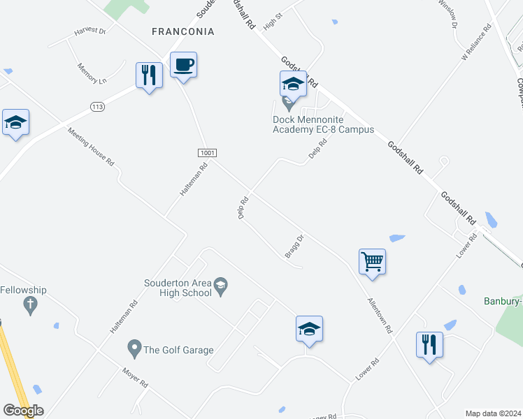 map of restaurants, bars, coffee shops, grocery stores, and more near 418 Allentown Road in Souderton