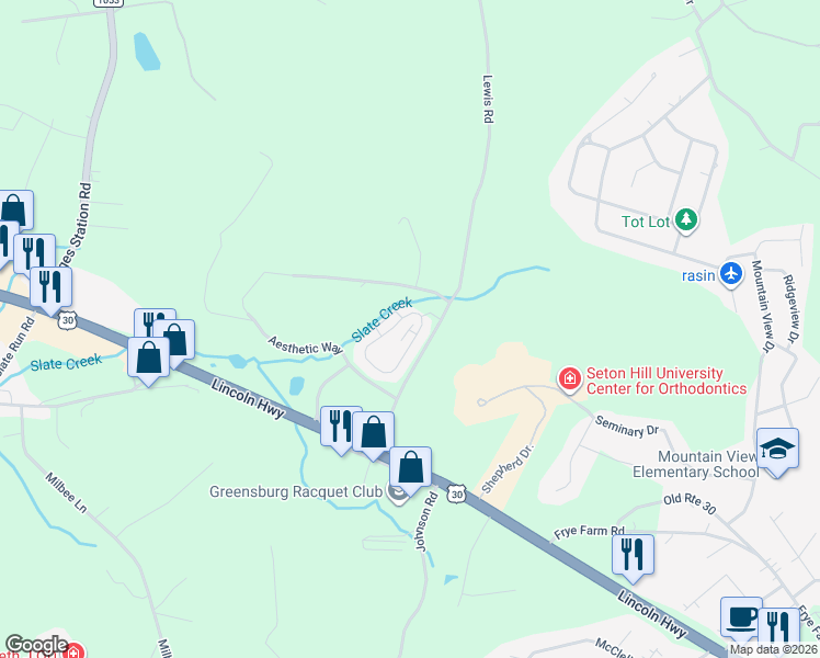 map of restaurants, bars, coffee shops, grocery stores, and more near 129 Unity Square in Greensburg