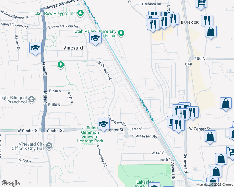 map of restaurants, bars, coffee shops, grocery stores, and more near 281 North 410 East Street in Vineyard
