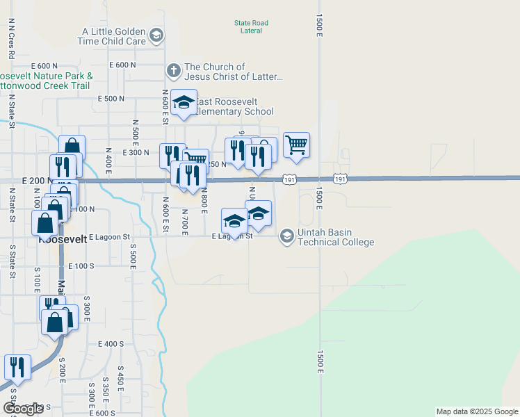 map of restaurants, bars, coffee shops, grocery stores, and more near 135 North Union Street in Roosevelt