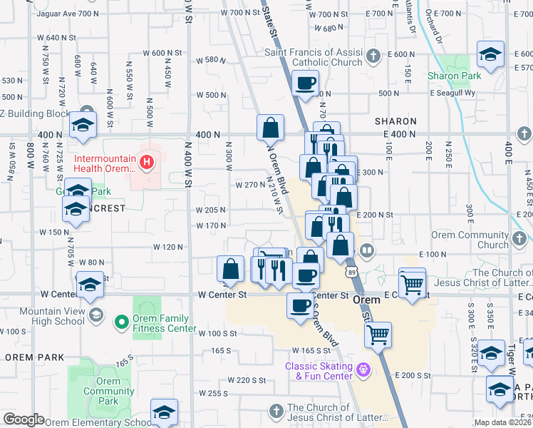 map of restaurants, bars, coffee shops, grocery stores, and more near 209 West 205 North in Orem