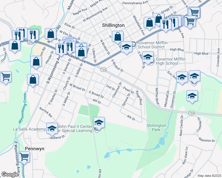 map of restaurants, bars, coffee shops, grocery stores, and more near 132 2nd Street in Shillington