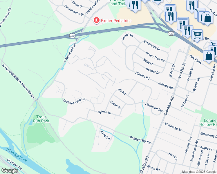 map of restaurants, bars, coffee shops, grocery stores, and more near 10-4 Cranberry Ridge in Reading