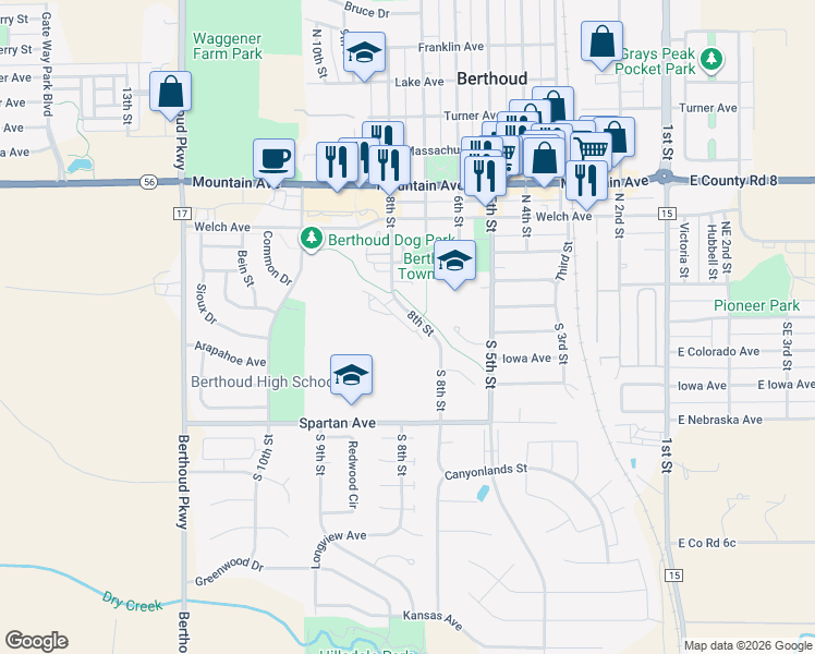 map of restaurants, bars, coffee shops, grocery stores, and more near 827 Winding Brook Drive in Berthoud