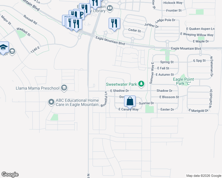 map of restaurants, bars, coffee shops, grocery stores, and more near 1663 East Shadow Drive in Eagle Mountain