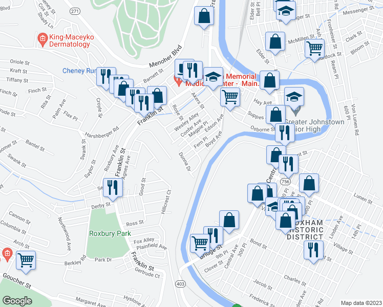 map of restaurants, bars, coffee shops, grocery stores, and more near 1146 Boyd Avenue in Johnstown