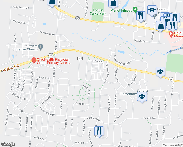 map of restaurants, bars, coffee shops, grocery stores, and more near Diamond View Drive in Delaware