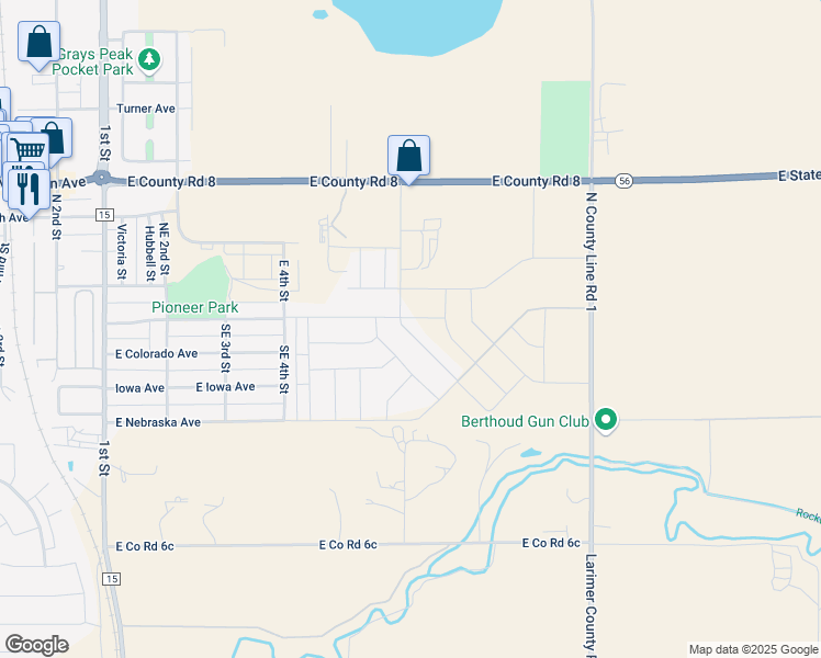 map of restaurants, bars, coffee shops, grocery stores, and more near 110 Dorothy Drive in Berthoud