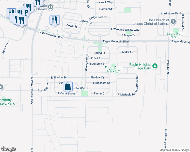 map of restaurants, bars, coffee shops, grocery stores, and more near 2047 East Shadow Drive in Eagle Mountain