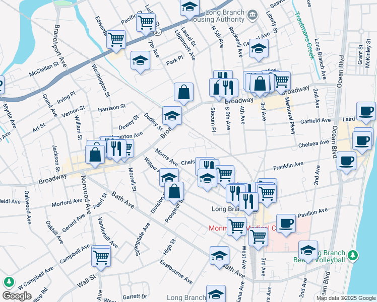 map of restaurants, bars, coffee shops, grocery stores, and more near 335 Chelsea Avenue in Long Branch