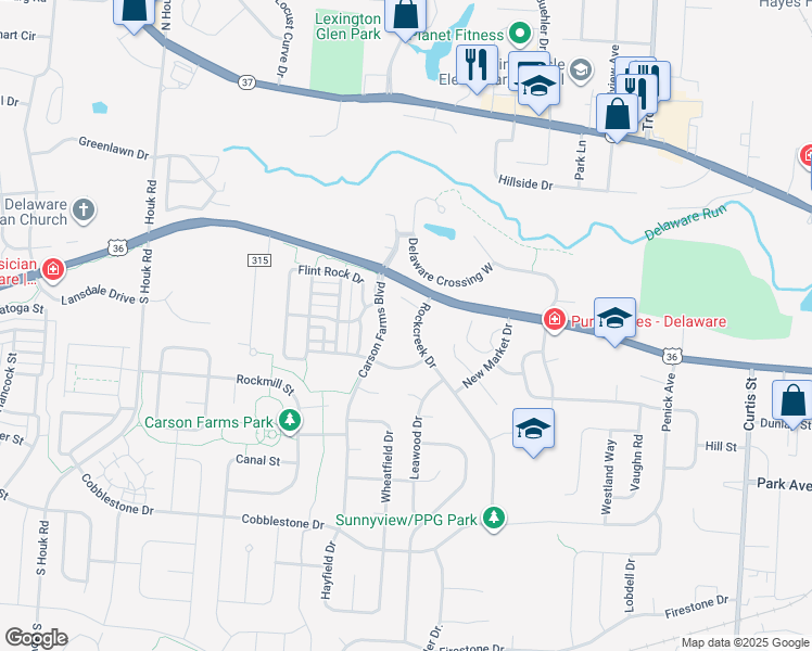 map of restaurants, bars, coffee shops, grocery stores, and more near 2 Rockcreek Drive in Delaware