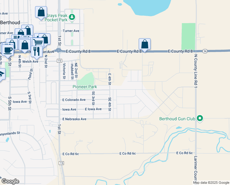 map of restaurants, bars, coffee shops, grocery stores, and more near 109 Lemonade Drive in Berthoud