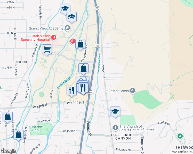 map of restaurants, bars, coffee shops, grocery stores, and more near 5072 North University Avenue in Provo