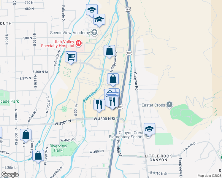 map of restaurants, bars, coffee shops, grocery stores, and more near 5005 North Edgewood Drive in Provo
