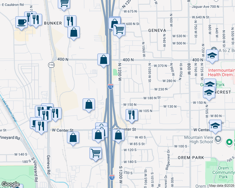 map of restaurants, bars, coffee shops, grocery stores, and more near 181 North 1200 West in Orem