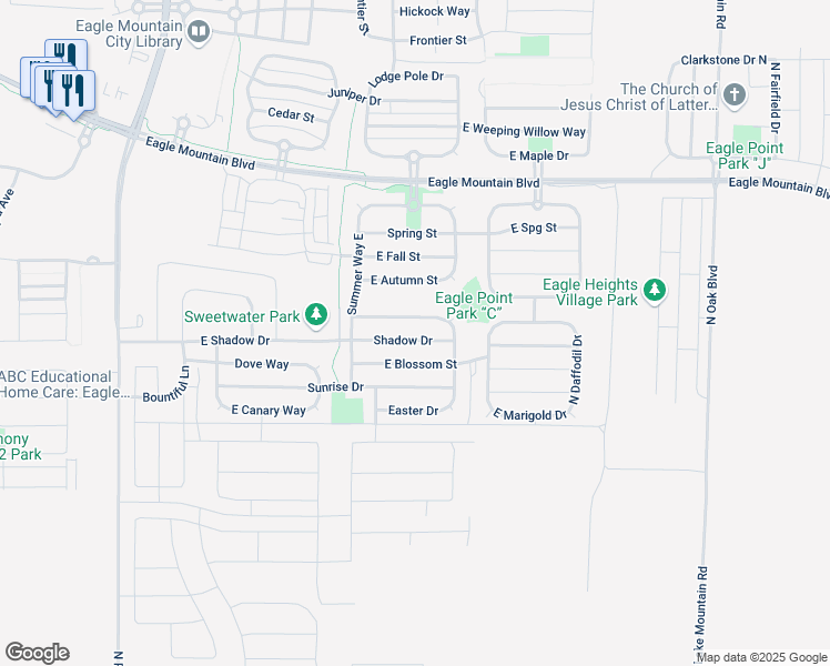 map of restaurants, bars, coffee shops, grocery stores, and more near 2118 Shadow Drive in Eagle Mountain