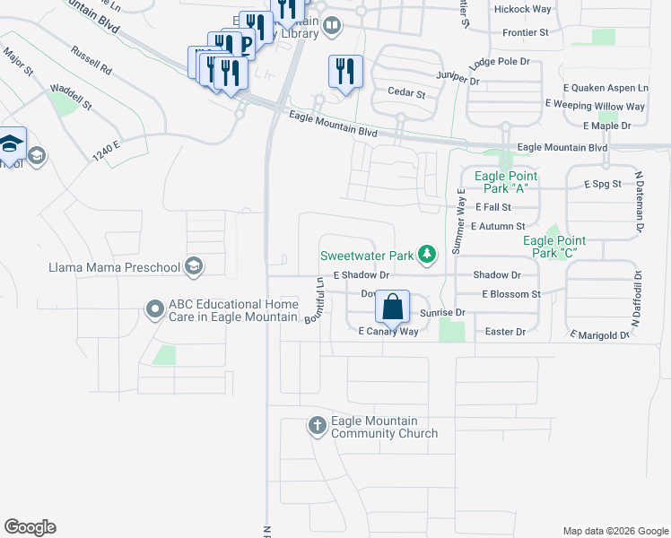 map of restaurants, bars, coffee shops, grocery stores, and more near 3688 Bountiful Lane in Eagle Mountain
