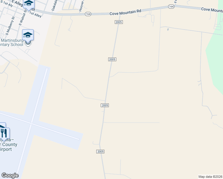 map of restaurants, bars, coffee shops, grocery stores, and more near State Route 2005 in Martinsburg