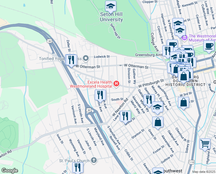 map of restaurants, bars, coffee shops, grocery stores, and more near 39 Madison Avenue in Greensburg