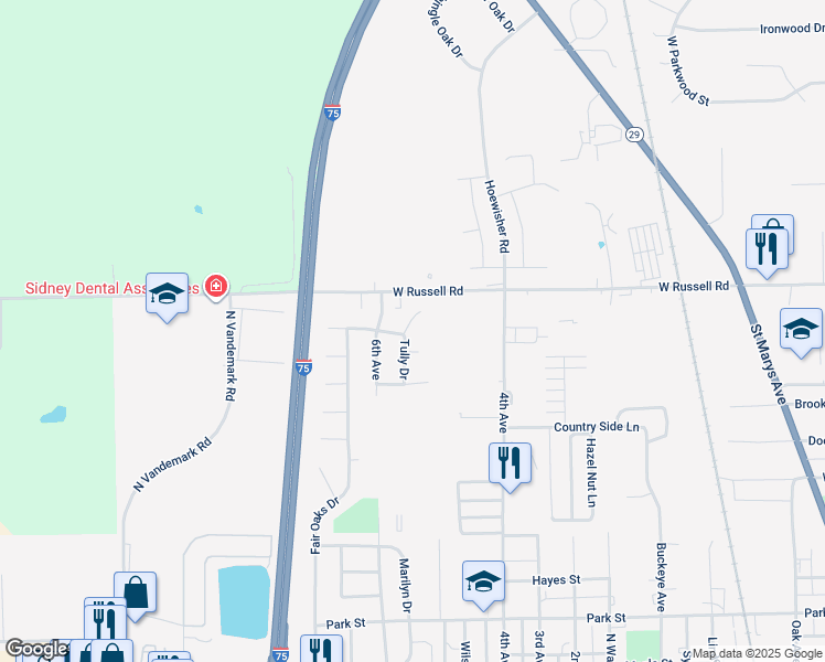 map of restaurants, bars, coffee shops, grocery stores, and more near Tully Drive in Sidney