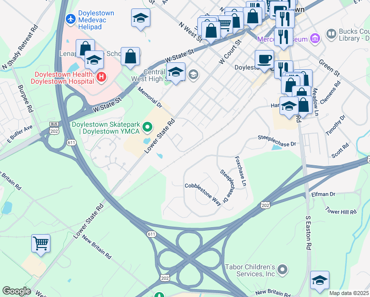 map of restaurants, bars, coffee shops, grocery stores, and more near 7 Aspen Way in Doylestown