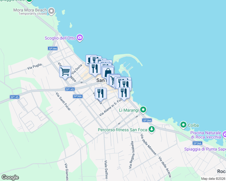 map of restaurants, bars, coffee shops, grocery stores, and more near 9 Via Padova in San Foca