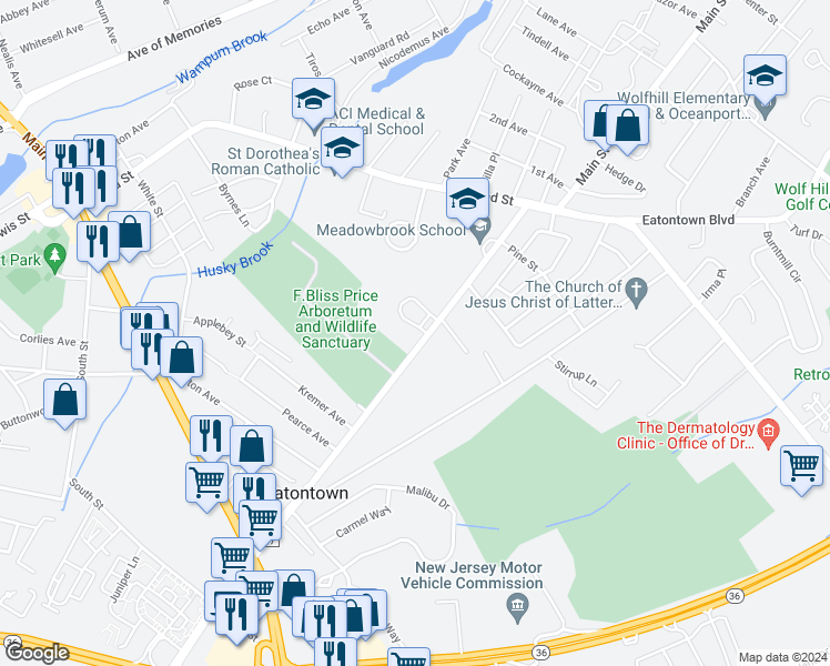 map of restaurants, bars, coffee shops, grocery stores, and more near 55 Wyckoff Road in Eatontown