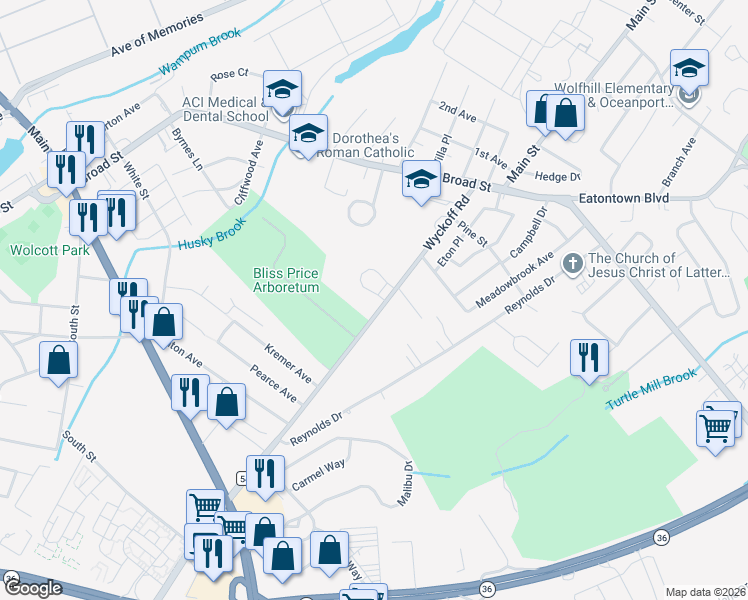 map of restaurants, bars, coffee shops, grocery stores, and more near 55 Wyckoff Road in Eatontown