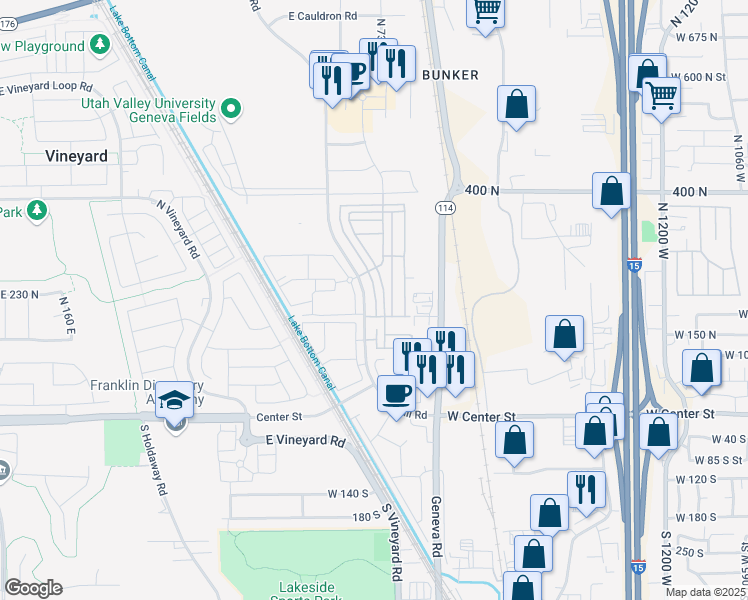 map of restaurants, bars, coffee shops, grocery stores, and more near 188 North 680 East in Vineyard