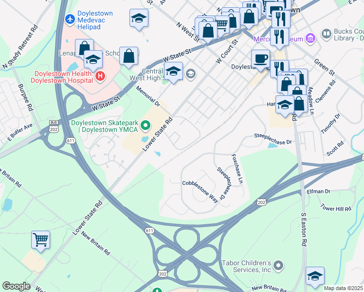 map of restaurants, bars, coffee shops, grocery stores, and more near 3 Aspen Way in Doylestown