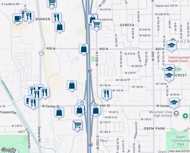 map of restaurants, bars, coffee shops, grocery stores, and more near 181 North 1200 West in Orem